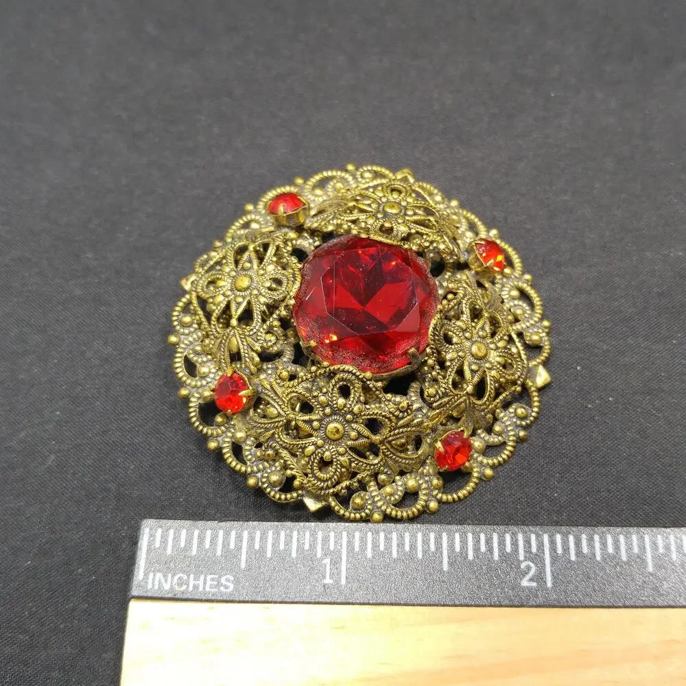 Red Rhinestone Filigree Brooch, Unmarked Germany or Czech, 1940s Vintage Jewelry